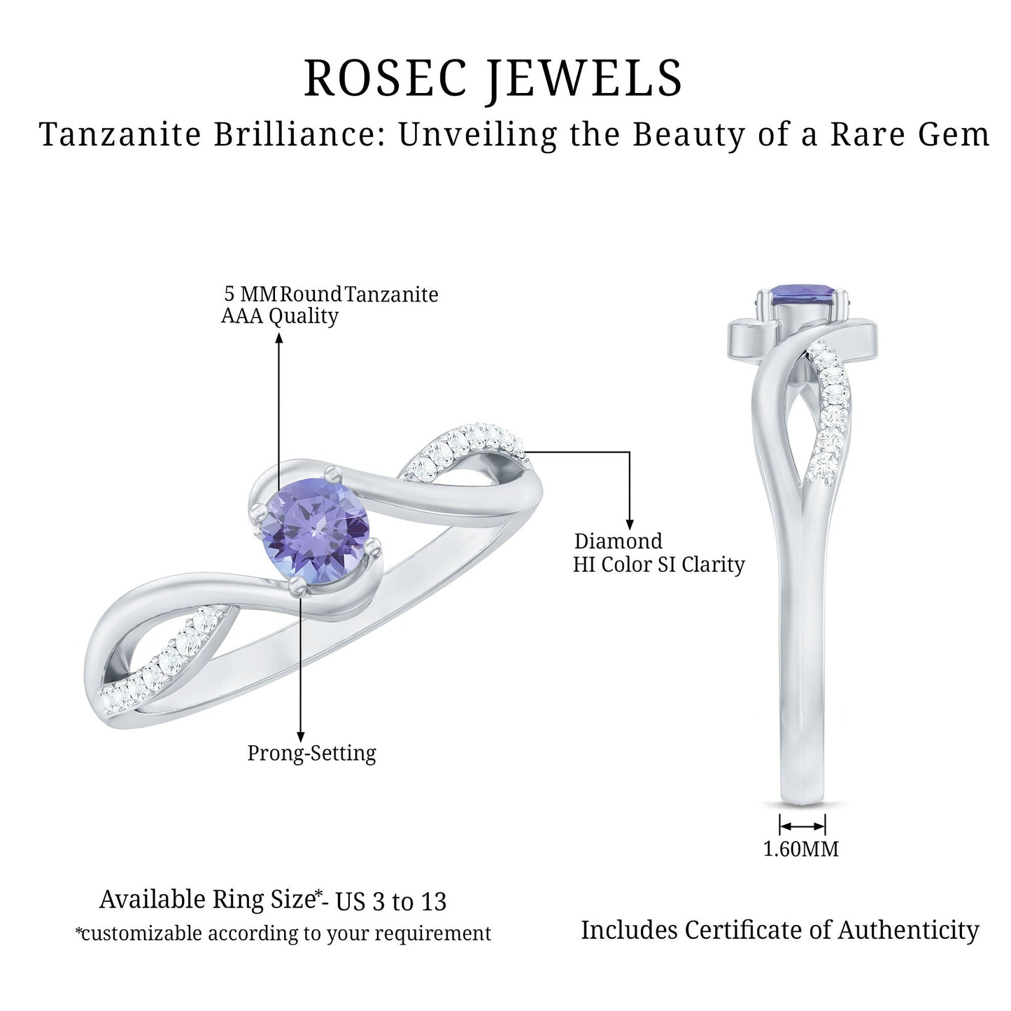 Real Tanzanite Diamond Promise Ring with Bypass Shank