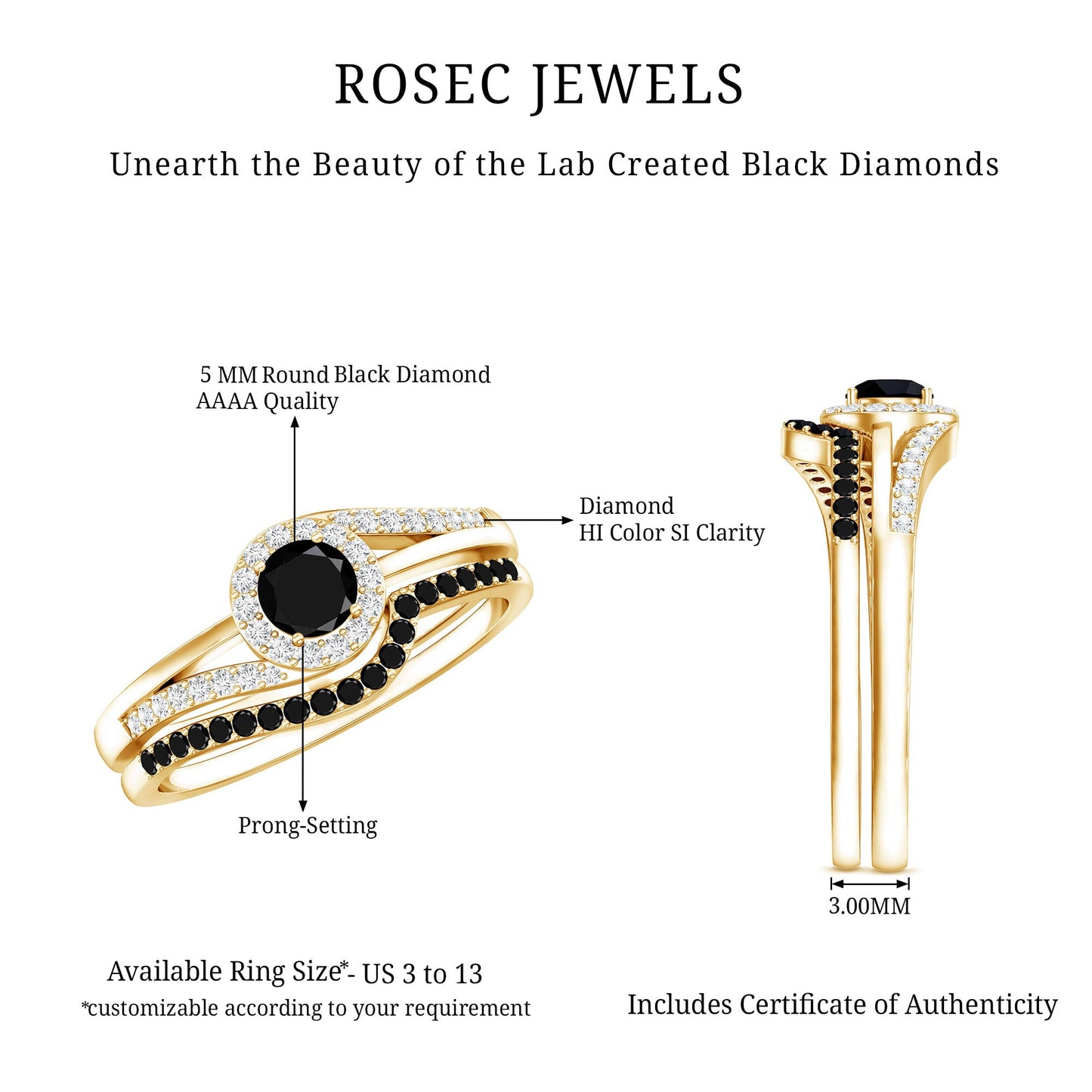 Certified Lab Grown Black and White Diamond Engagement Ring Set for Women