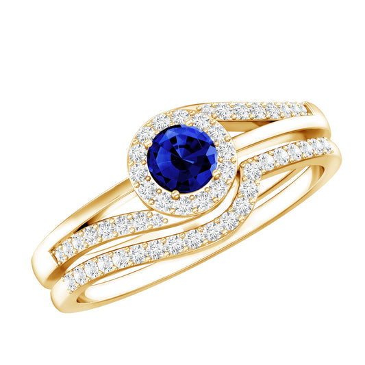 Certified Lab Grown Blue Sapphire Wedding Engagement Ring Set with Diamond