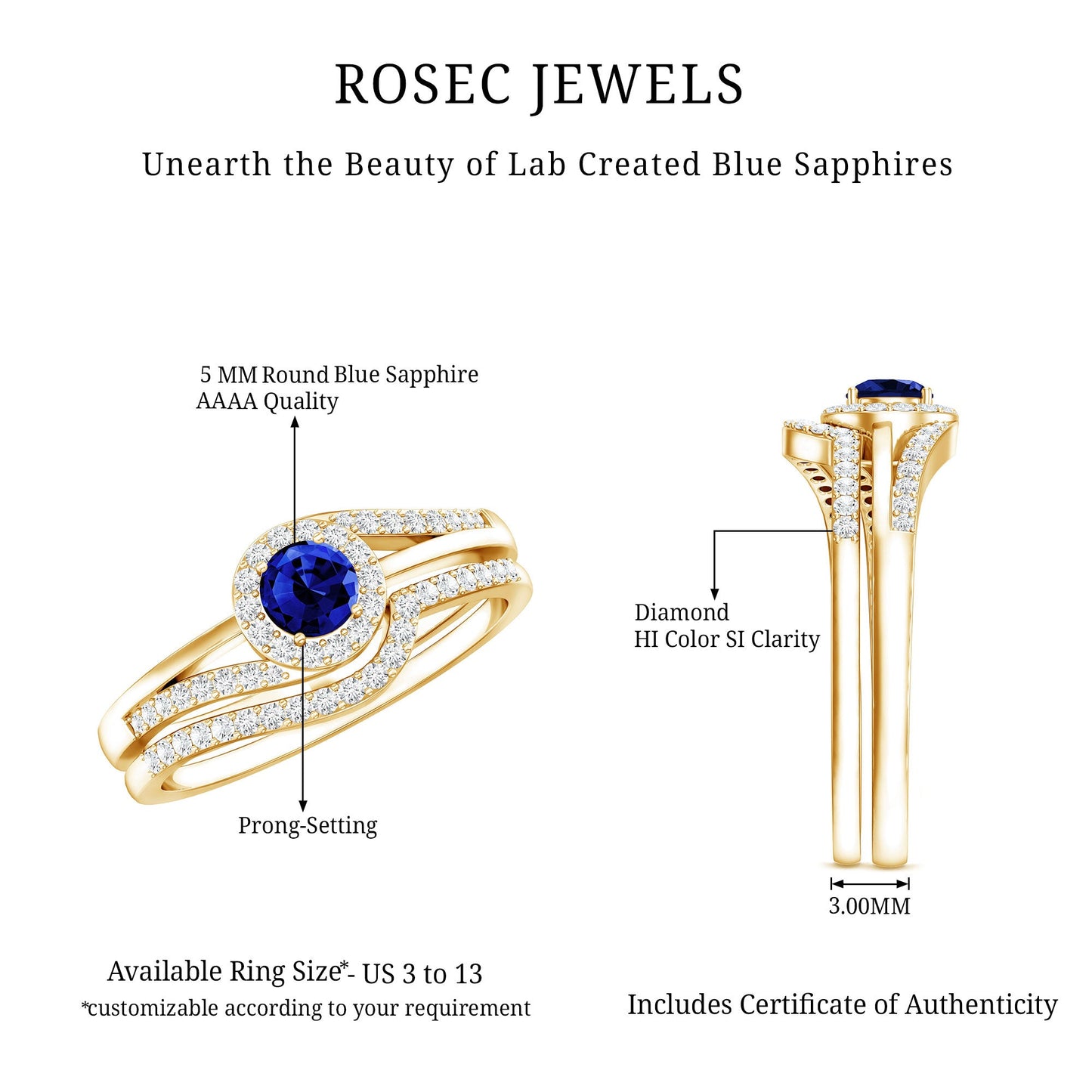 Certified Lab Grown Blue Sapphire Wedding Engagement Ring Set with Diamond