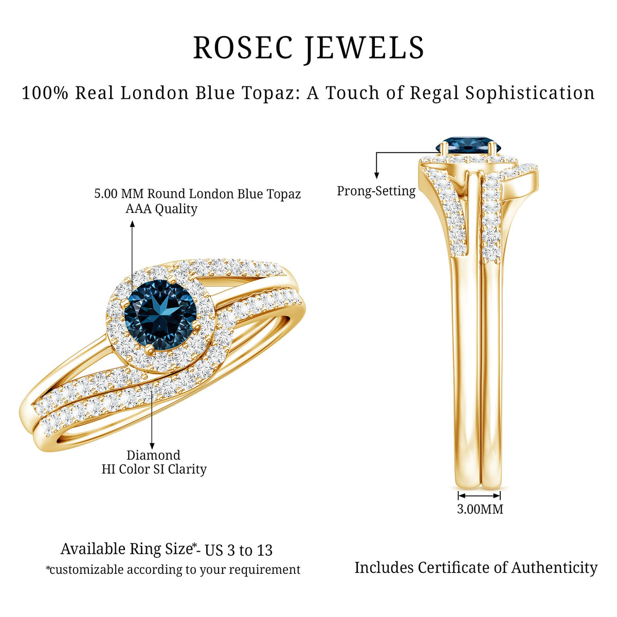 Certified London Blue Topaz and Diamond Halo Wedding Ring Set