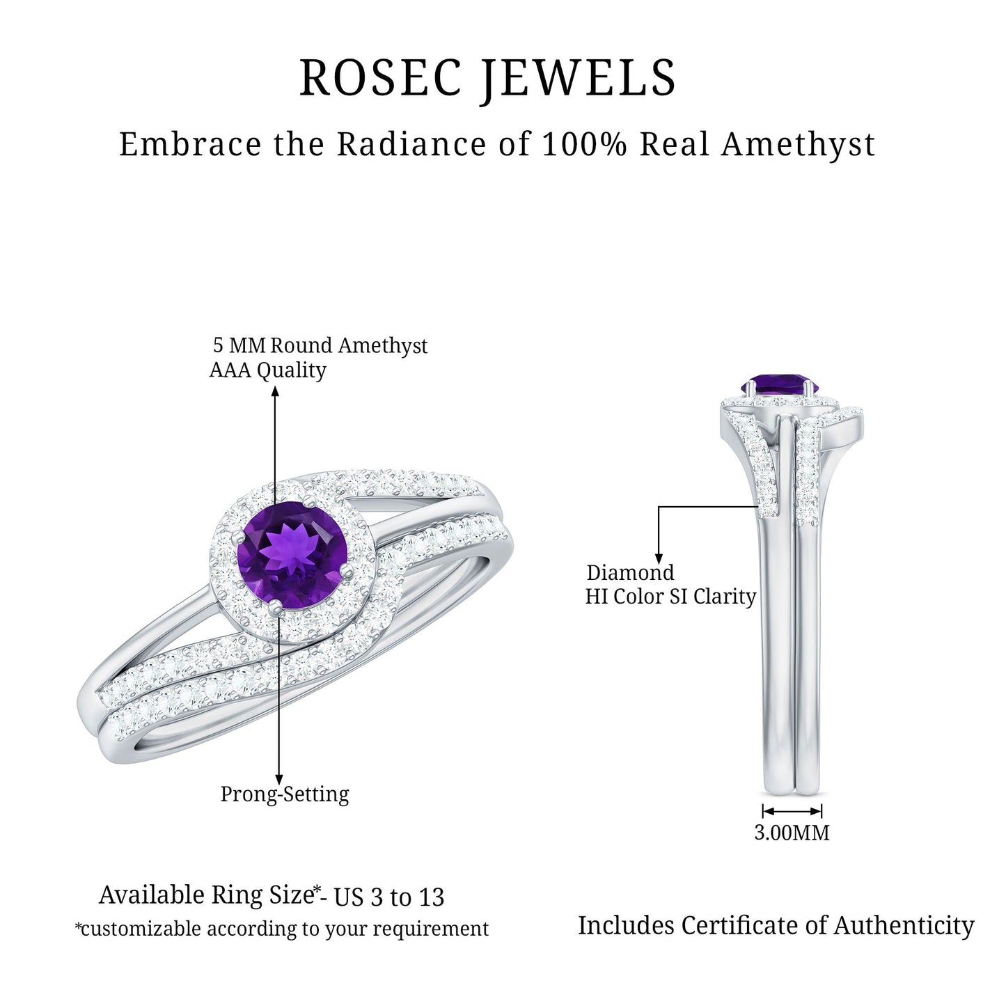 0.4 Carat Natural Amethyst Diamond Wedding Bridal Ring Set of 2