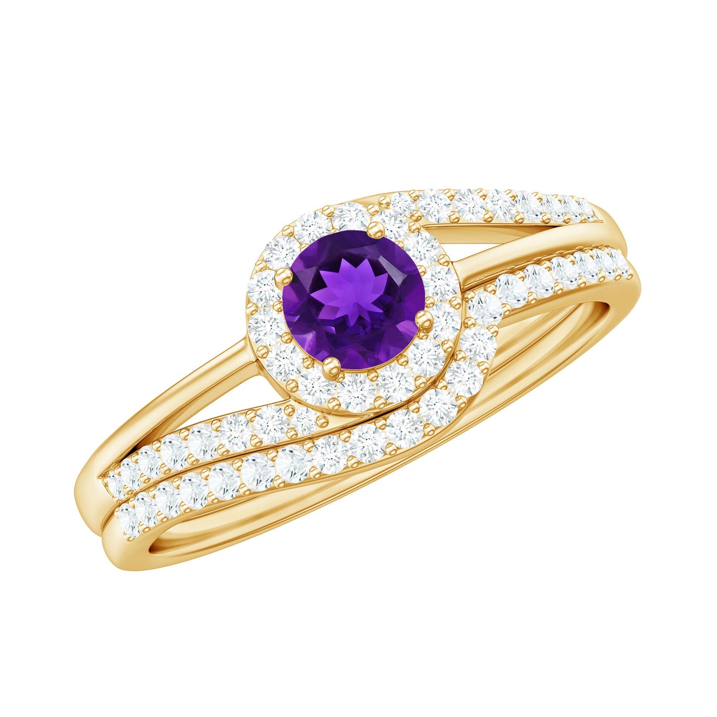 0.4 Carat Natural Amethyst Diamond Wedding Bridal Ring Set of 2