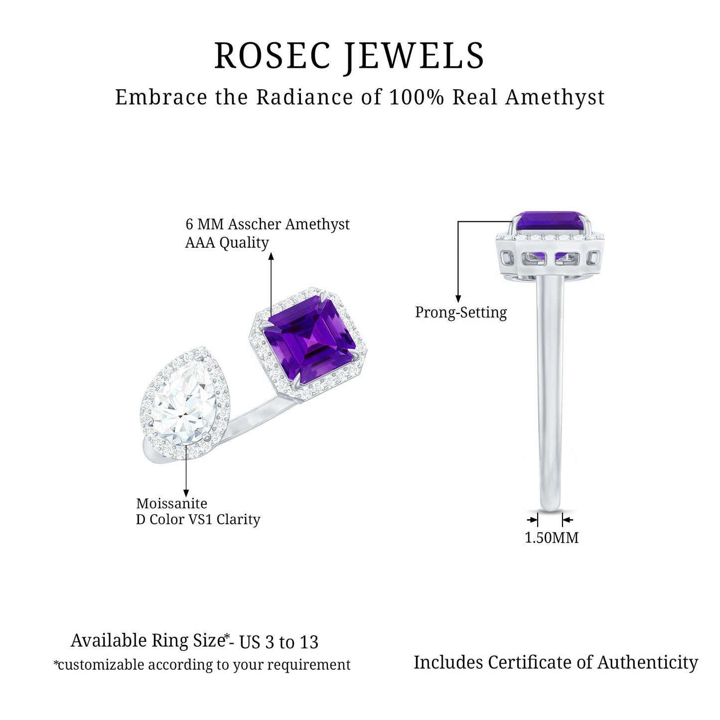 Certified Real Amethyst 2 Stone Engagement Ring with Moissanite