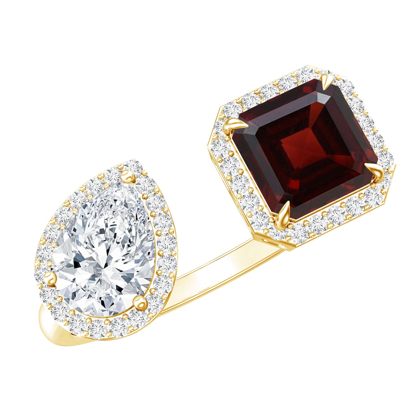 Natural Garnet Toi Et Moi Engagement Ring with Moissanite in Yellow Gold Plated Silver