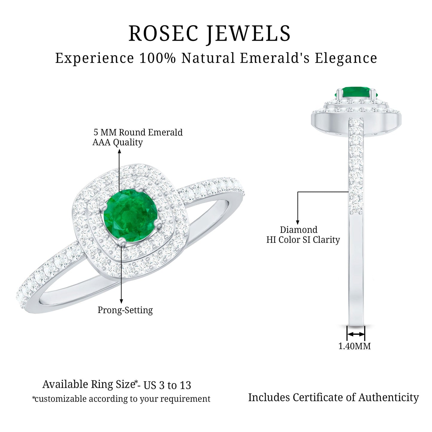Round Emerald and Diamond Double Halo Engagement Ring