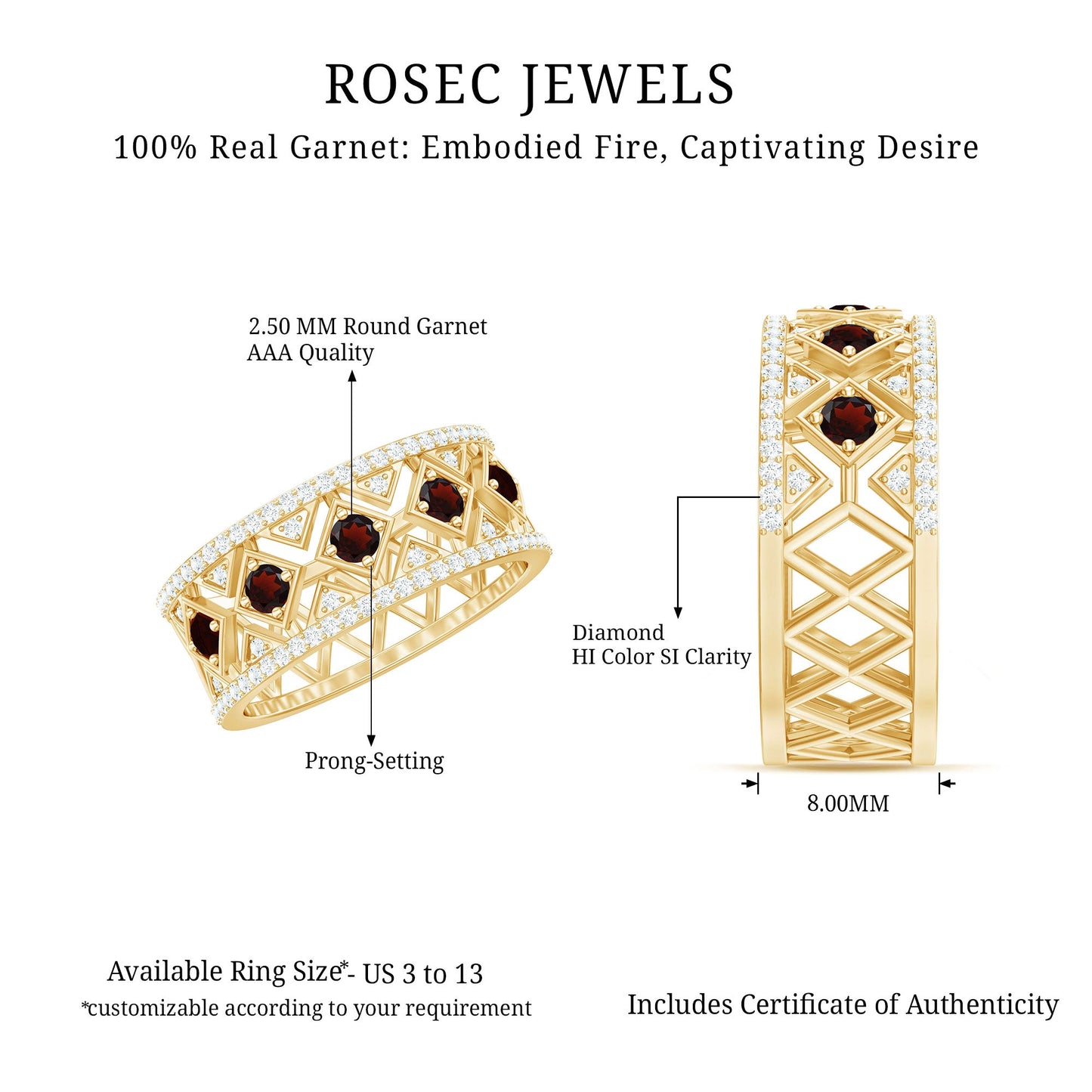 Art Deco Garnet Diamond Thick Wedding Band with Certificate