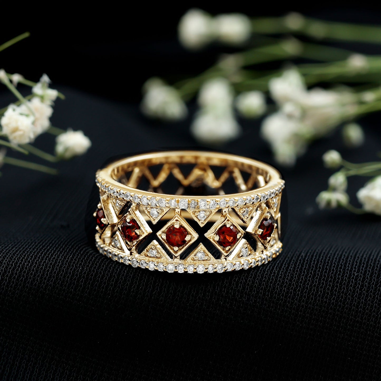 Art Deco Garnet Diamond Thick Wedding Band with Certificate