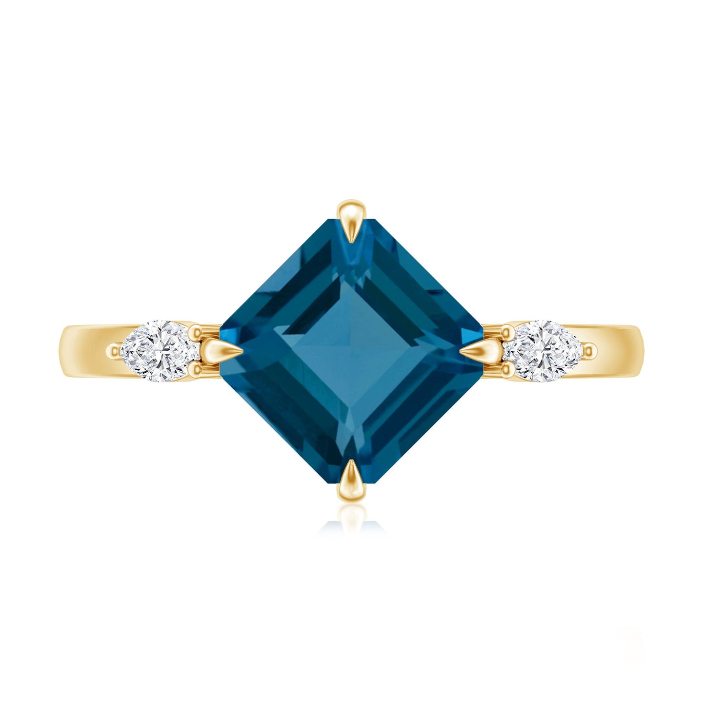 3 Carat Asscher Cut London Blue Topaz Diagonal Solitaire Ring with Marquise Diamond