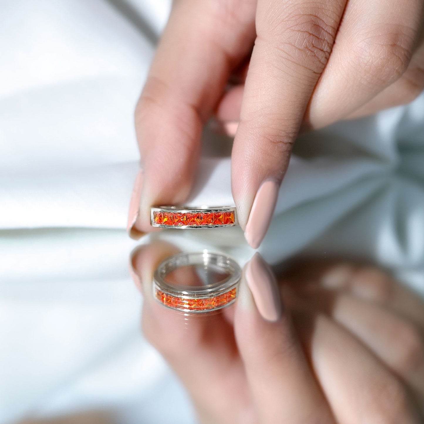 Princess Cut Lab Grown Orange Sapphire Half Eternity Band in Channel Set