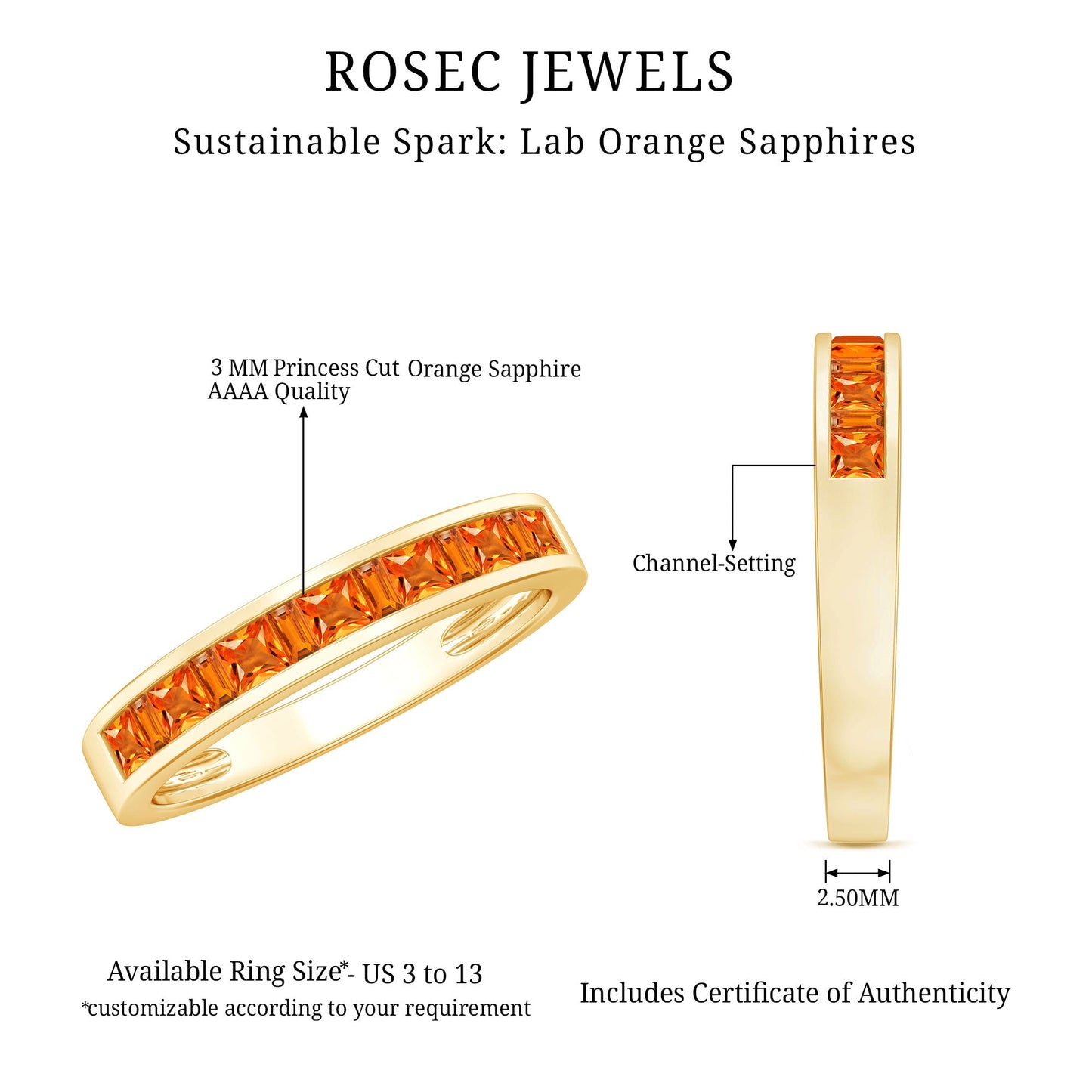 Princess Cut Lab Grown Orange Sapphire Half Eternity Band in Channel Set