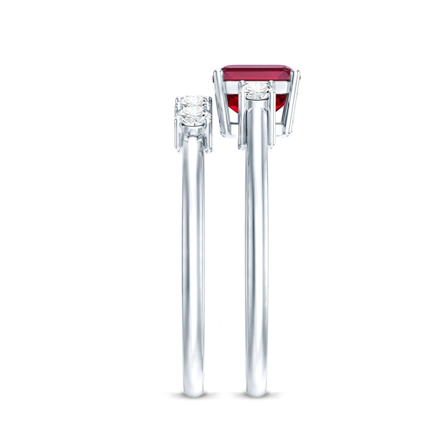 East West Set Emerald Cut Lab Ruby Engagement Ring with Diamond Wedding Band