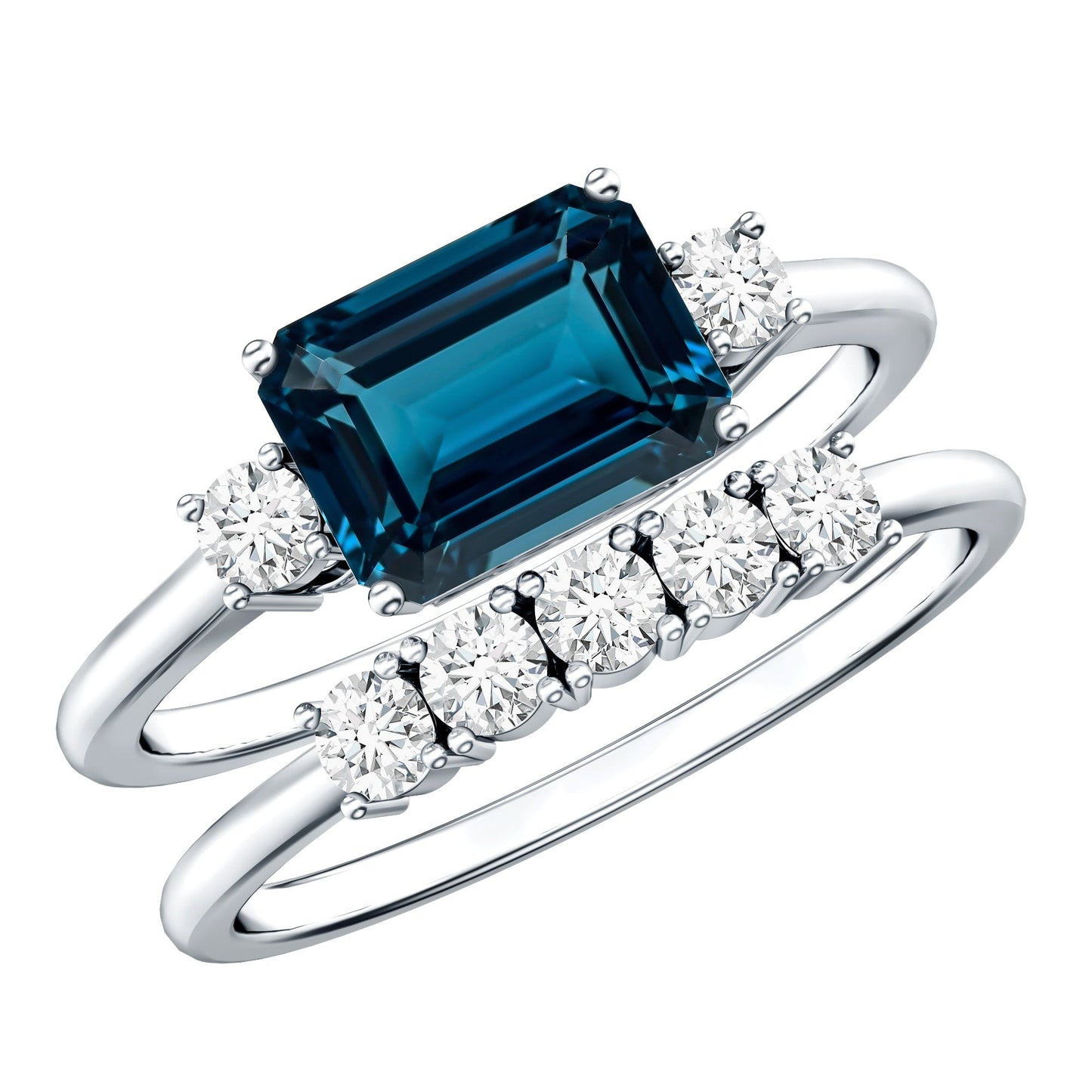 Genuine Emerald Cut London Blue Topaz Engagement Ring with Diamond Wedding Band