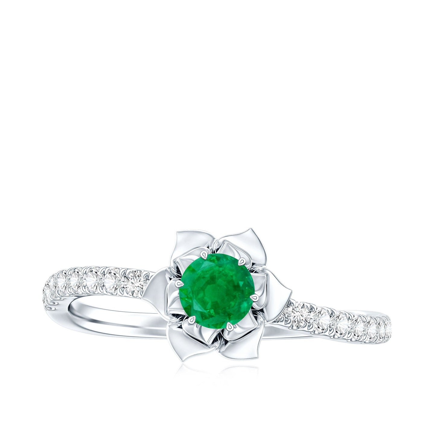 Genuine Emerald Flower Engagement Ring with Diamond