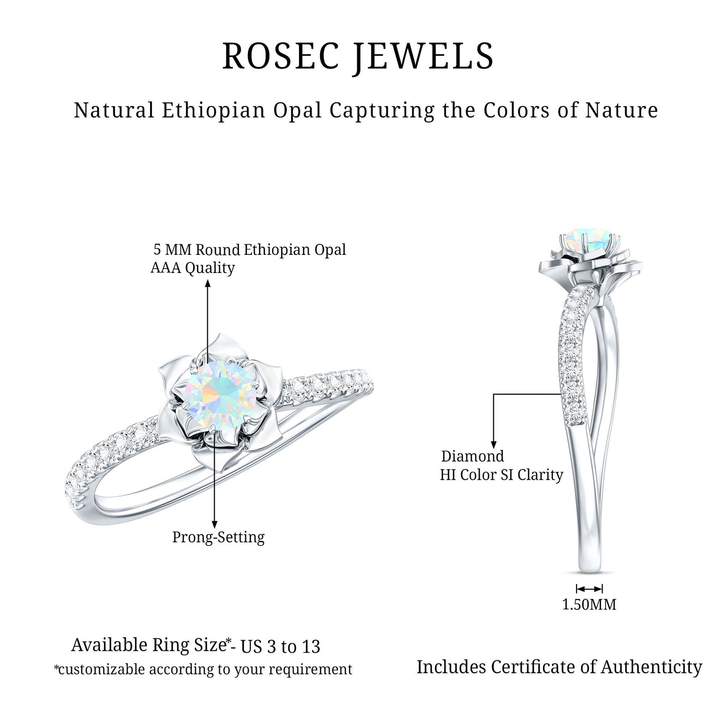 Natural Ethiopian Opal Floral Engagement Ring with Diamond Side Stones