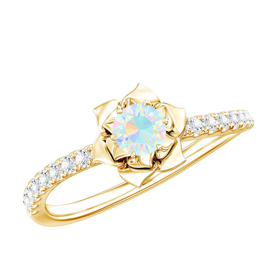 Natural Ethiopian Opal Floral Engagement Ring with Diamond Side Stones