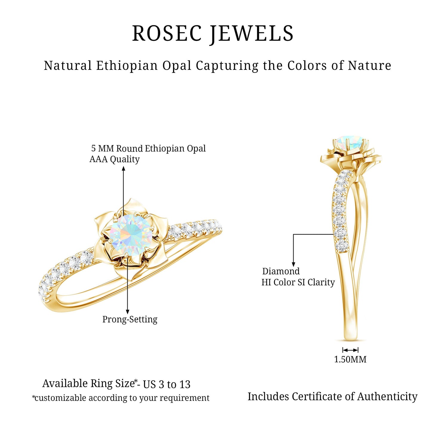 Natural Ethiopian Opal Floral Engagement Ring with Diamond Side Stones