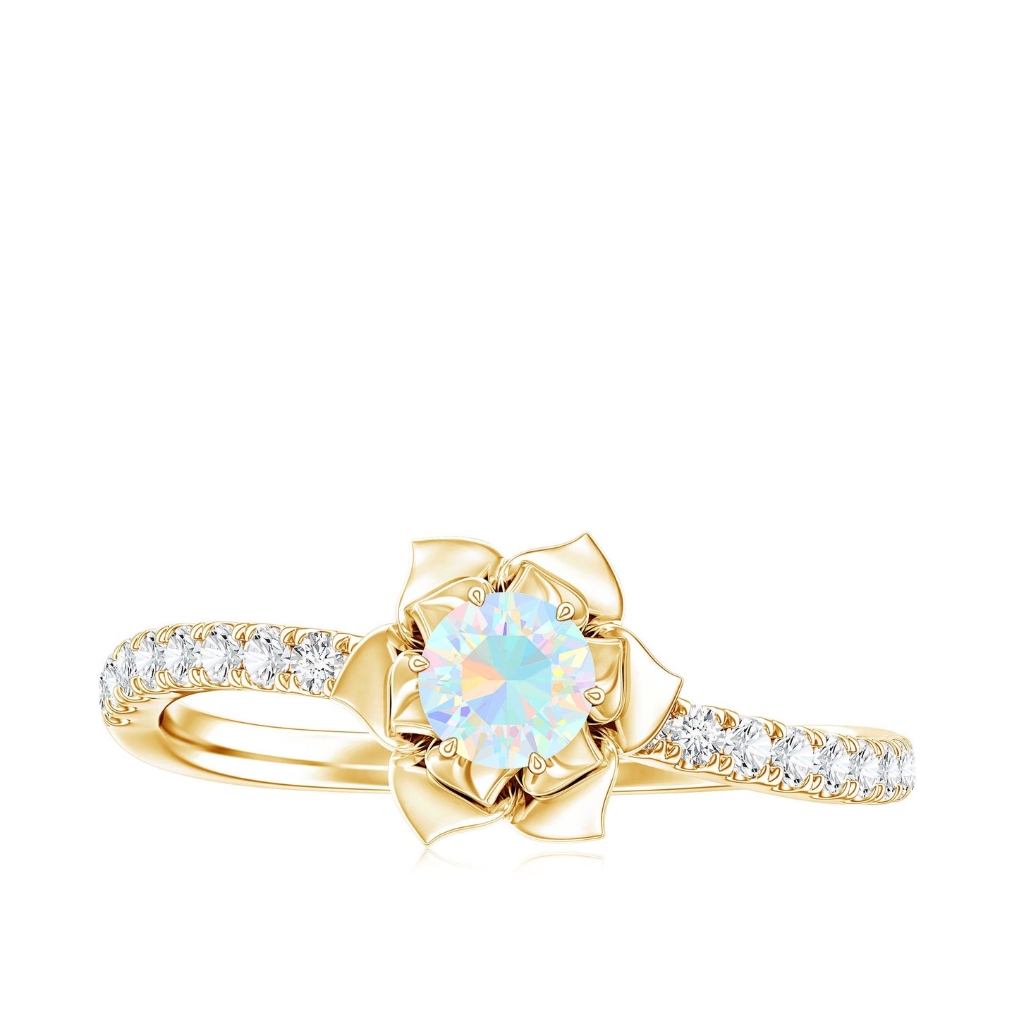 Natural Ethiopian Opal Floral Engagement Ring with Diamond Side Stones