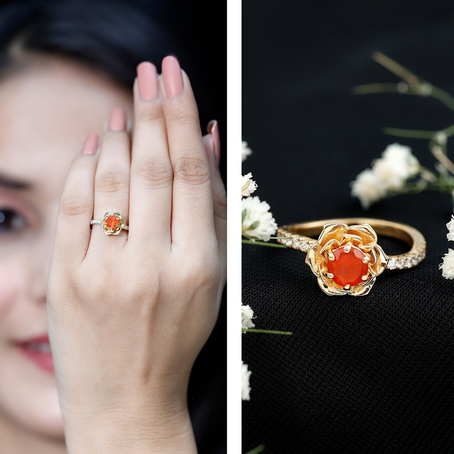 0.45 Carat Fire Opal Flower Engagement Ring with Diamond