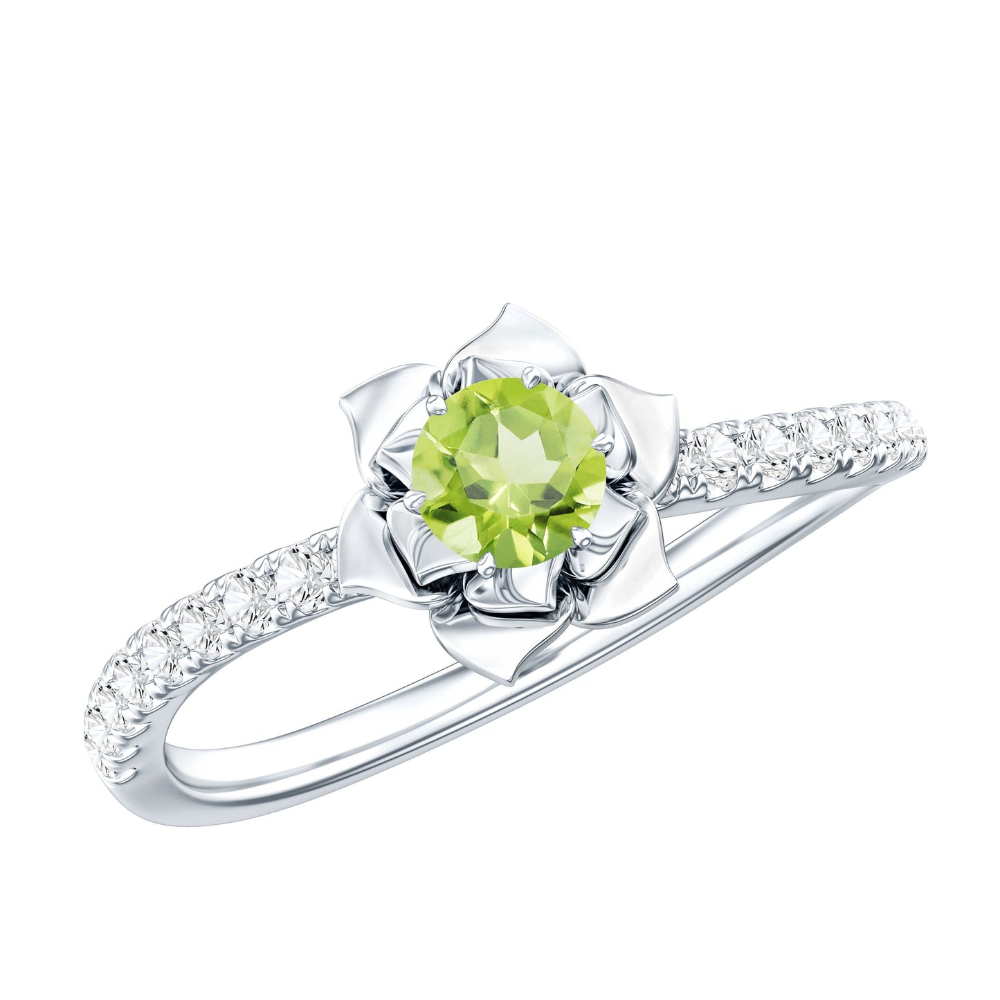 Nature Inspired Half Carat Peridot Flower Engagement Ring with Diamond