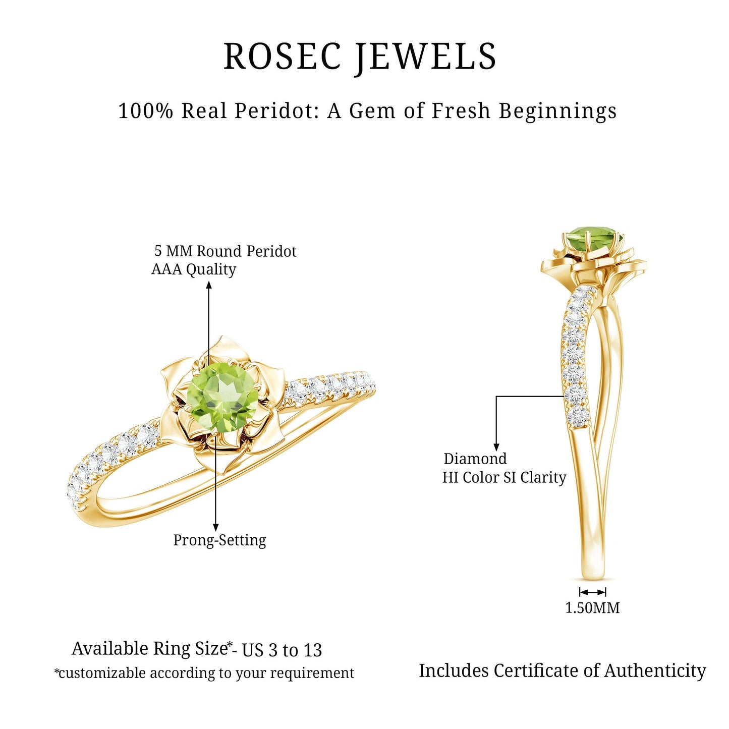 Nature Inspired Half Carat Peridot Flower Engagement Ring with Diamond