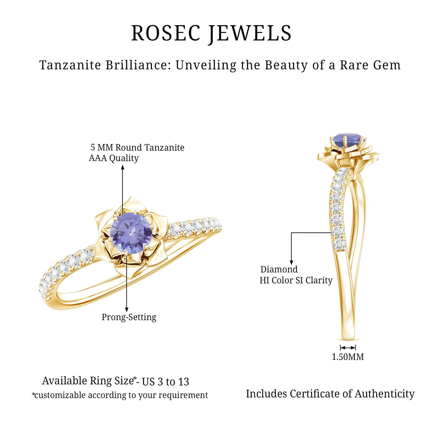 Genuine Tanzanite Rose Flower Engagement Ring with Diamond Curved Shank