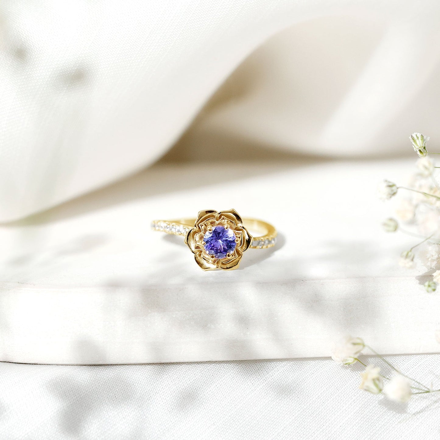 Genuine Tanzanite Rose Flower Engagement Ring with Diamond Curved Shank
