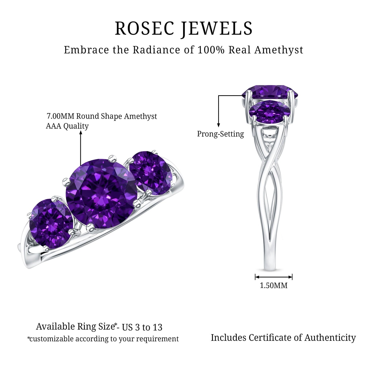 Natural Amethyst 3 Stone Engagement Ring for Women