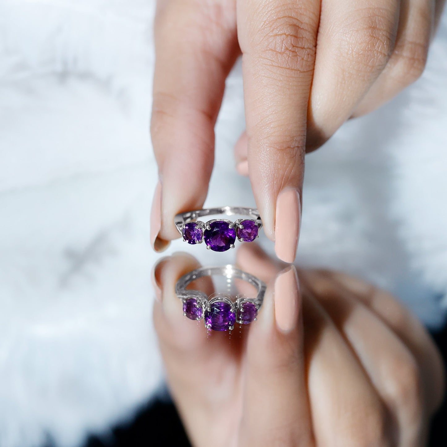Natural Amethyst 3 Stone Engagement Ring for Women