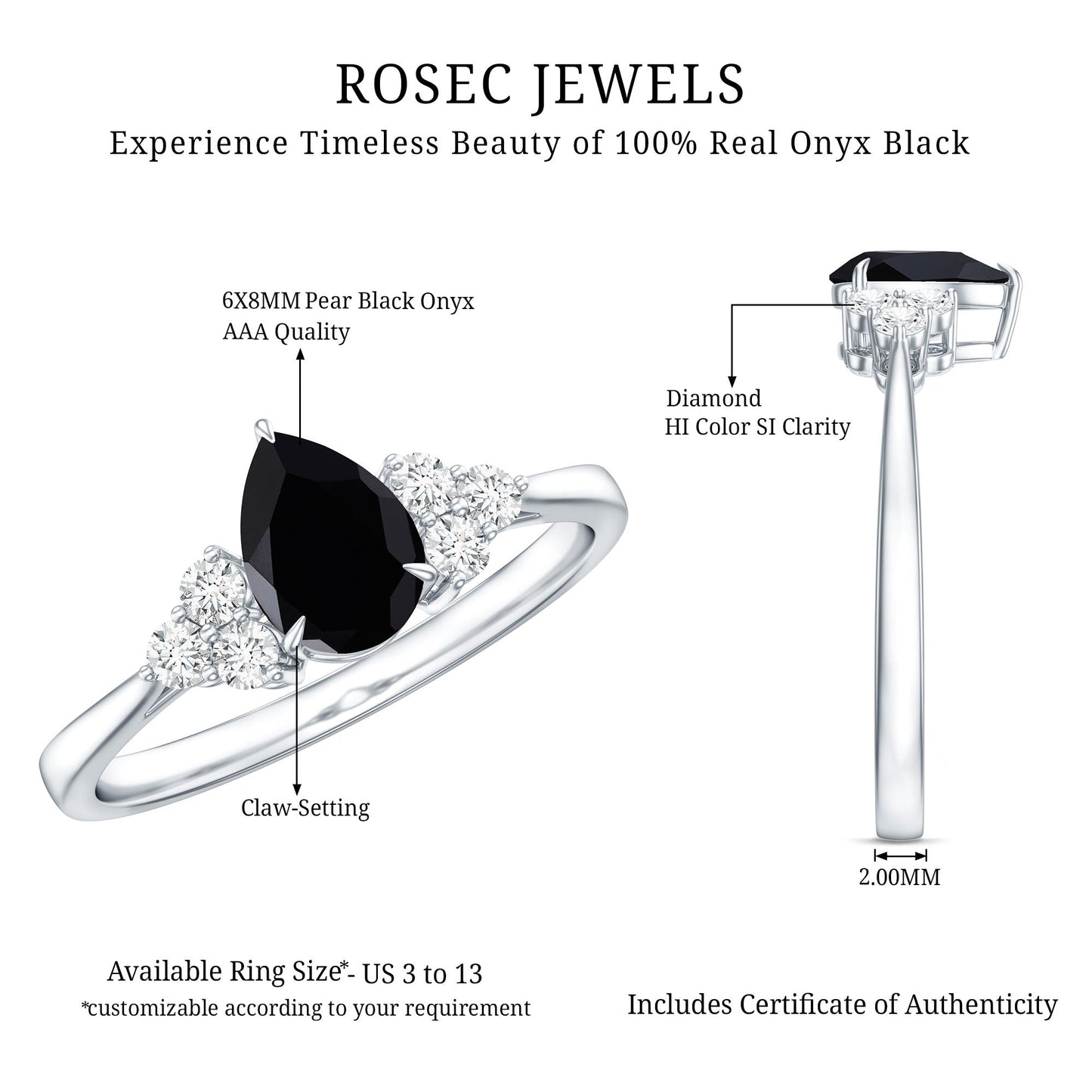 Pear Shaped Black Onyx Engagement Ring with Real Diamond Trio