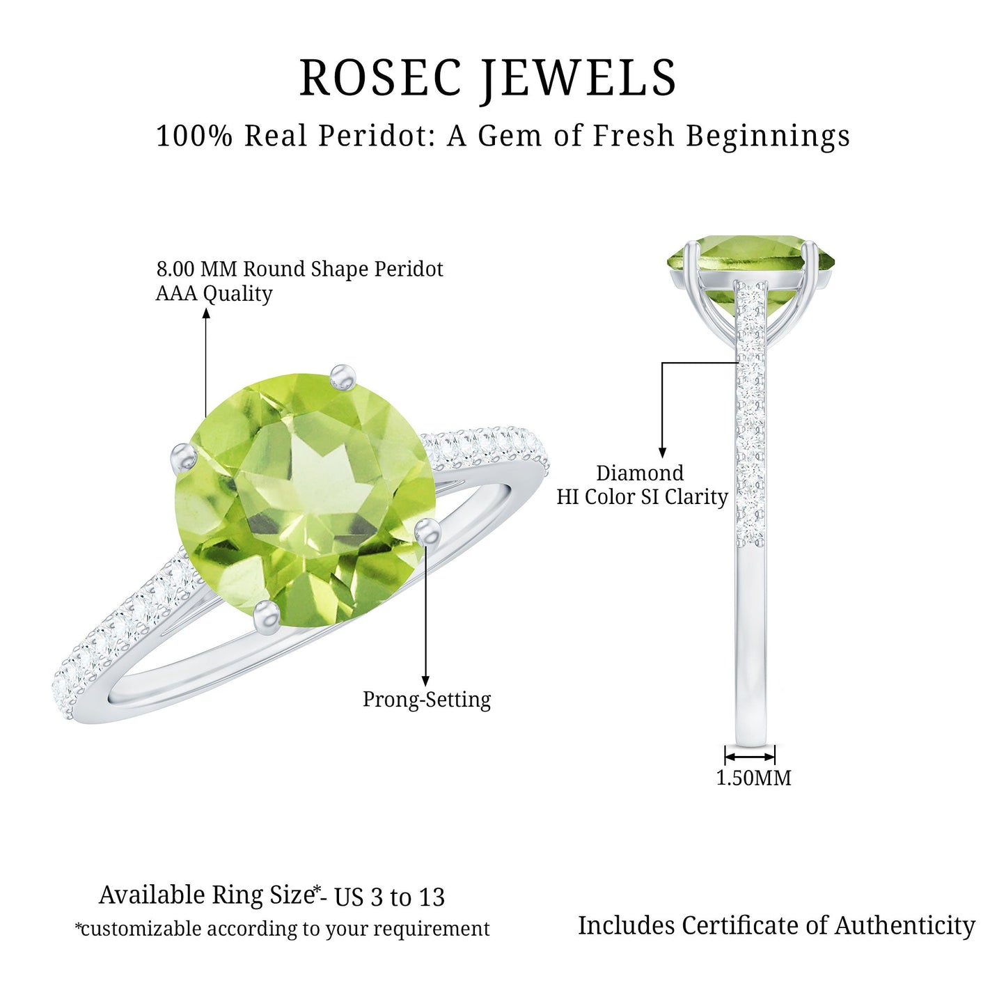 Natural 2 Carat Peridot Solitaire Engagement Ring with Diamond
