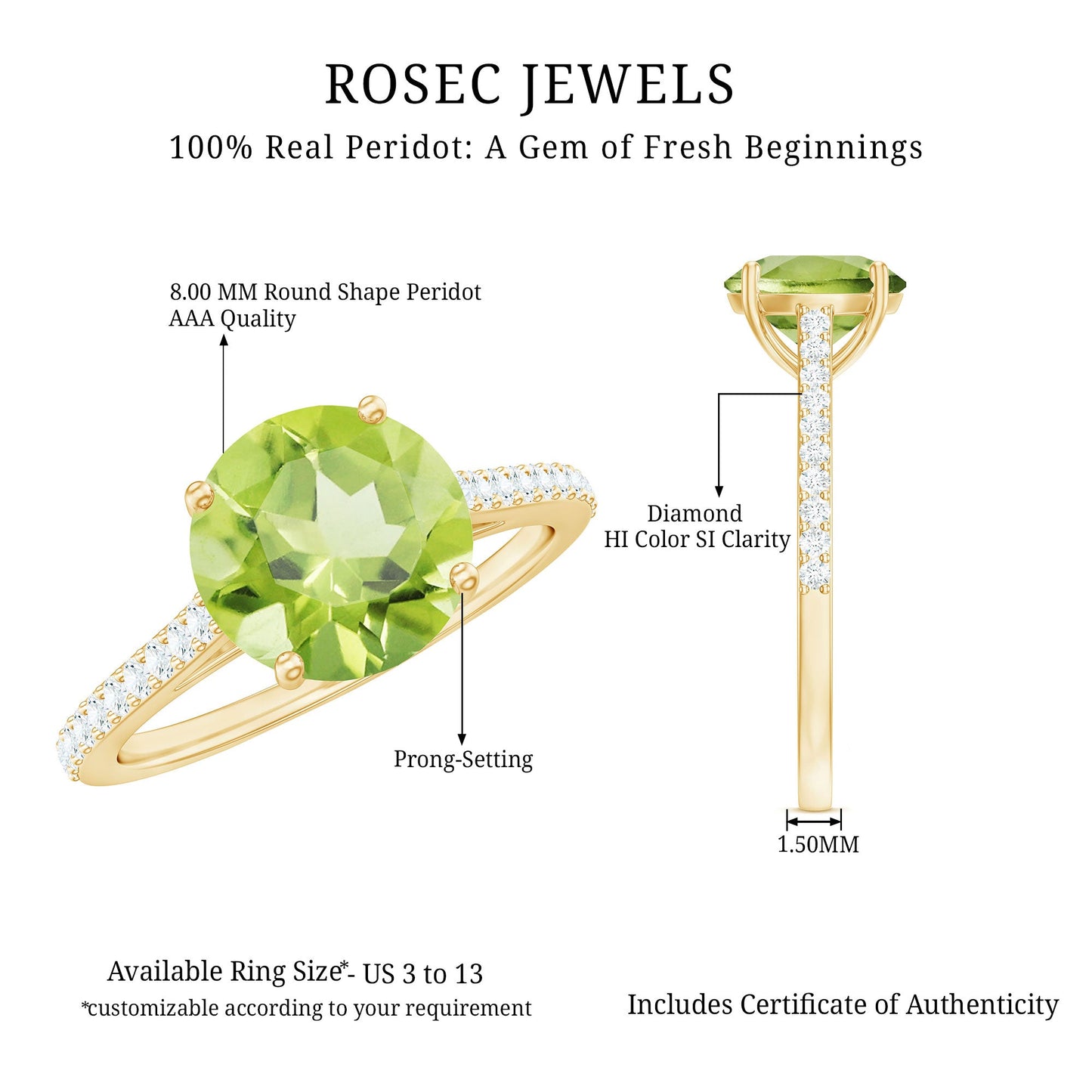 Natural 2 Carat Peridot Solitaire Engagement Ring with Diamond