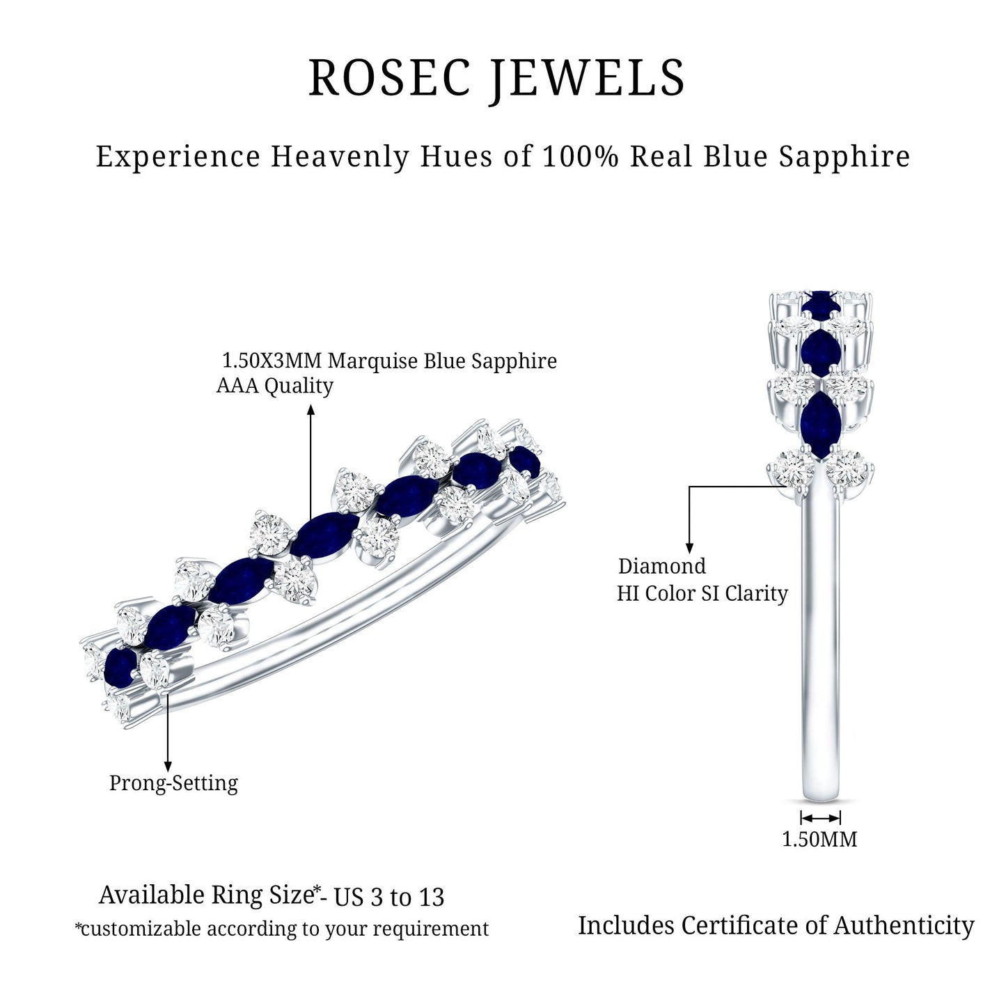 Real Blue Sapphire and Diamond Half Eternity Ring for Women