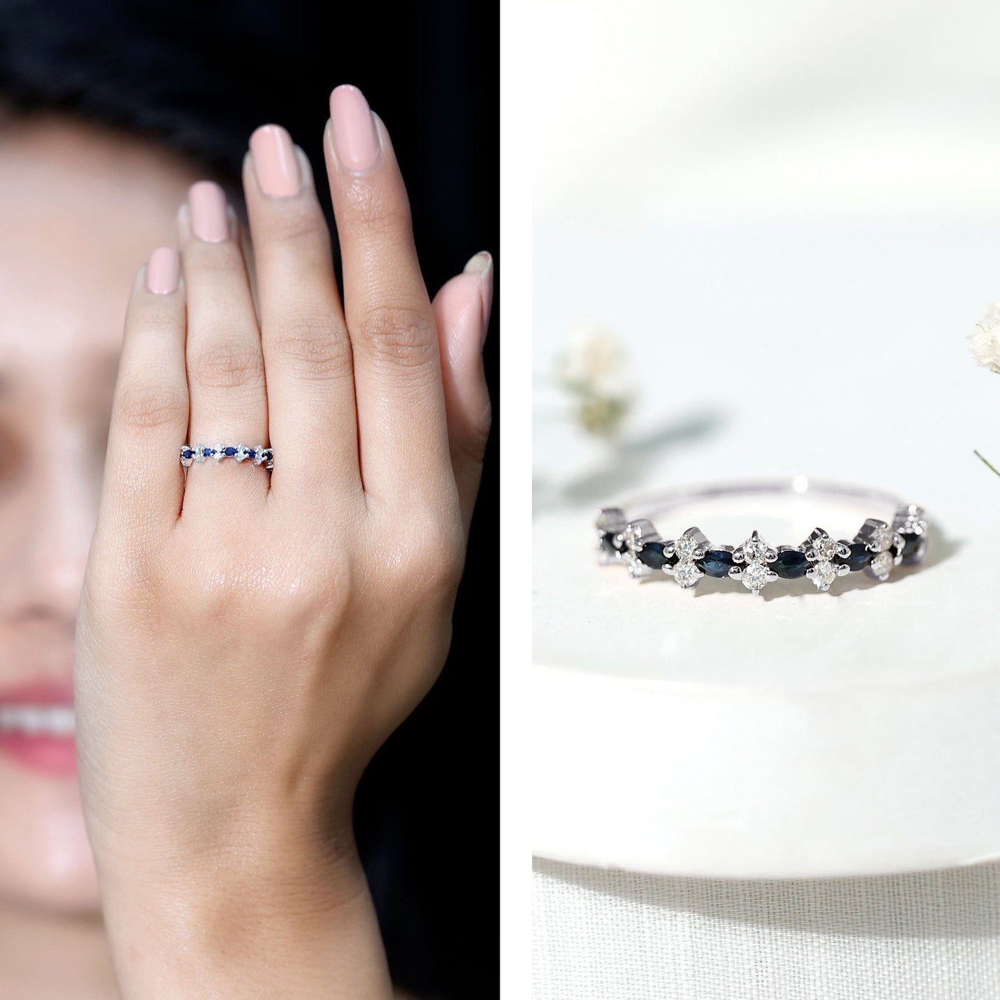 Real Blue Sapphire and Diamond Half Eternity Ring for Women