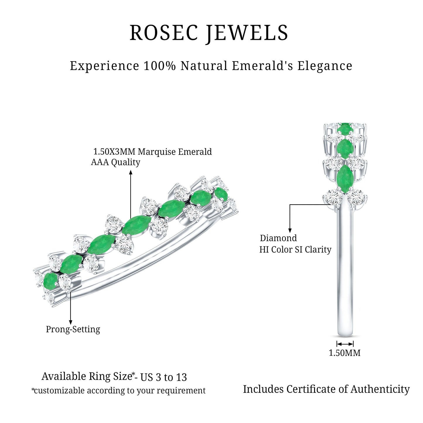Genuine Emerald and Diamond Half Eternity Ring for Women