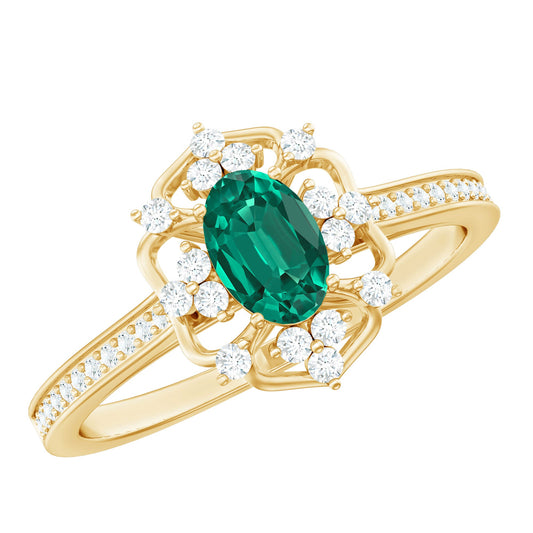 Certified Oval Lab Grown Emerald Diamond Retro Engagement Ring