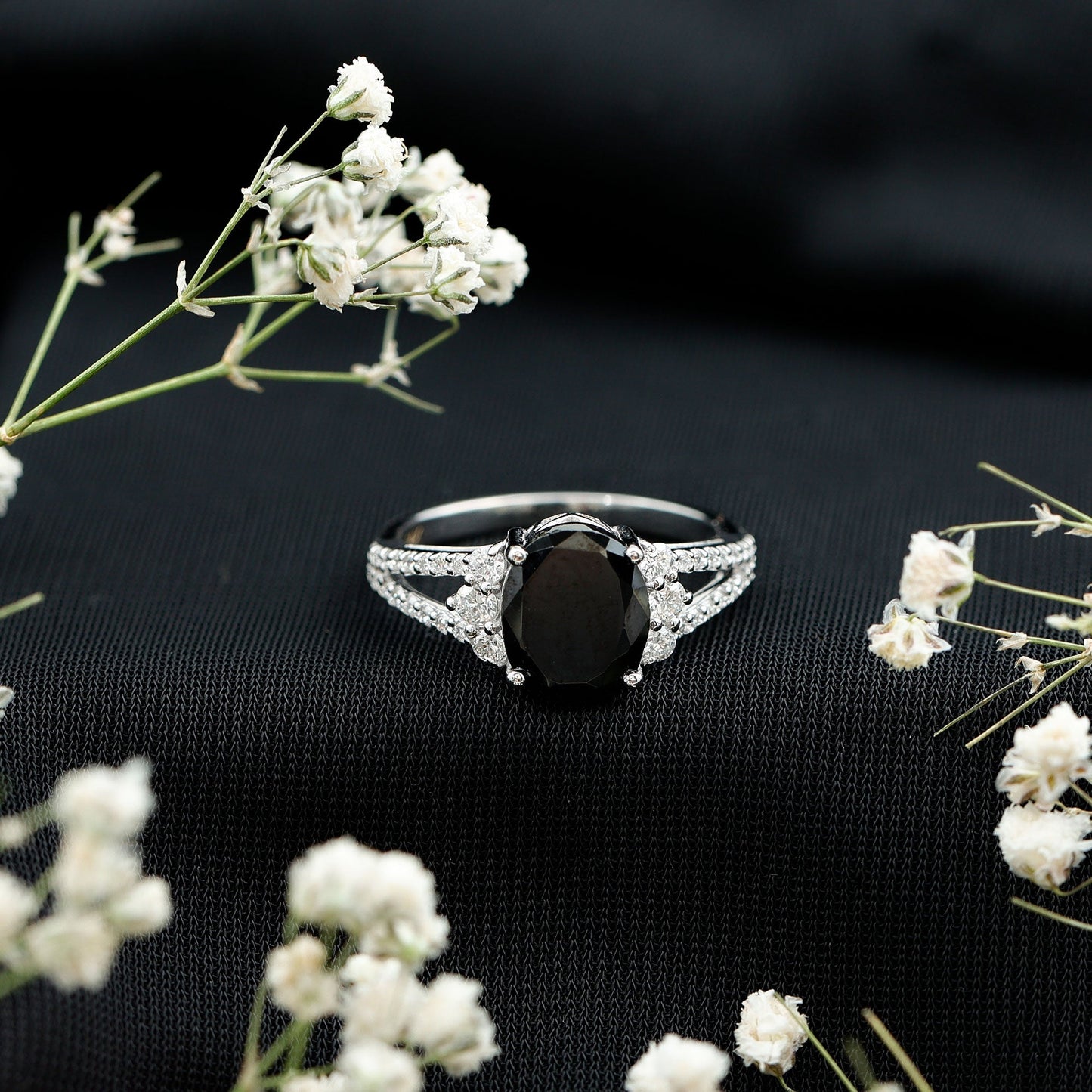 4.2 Carat Lab Grown Black Diamond Oval Engagement Ring with White Diamond Split Shank