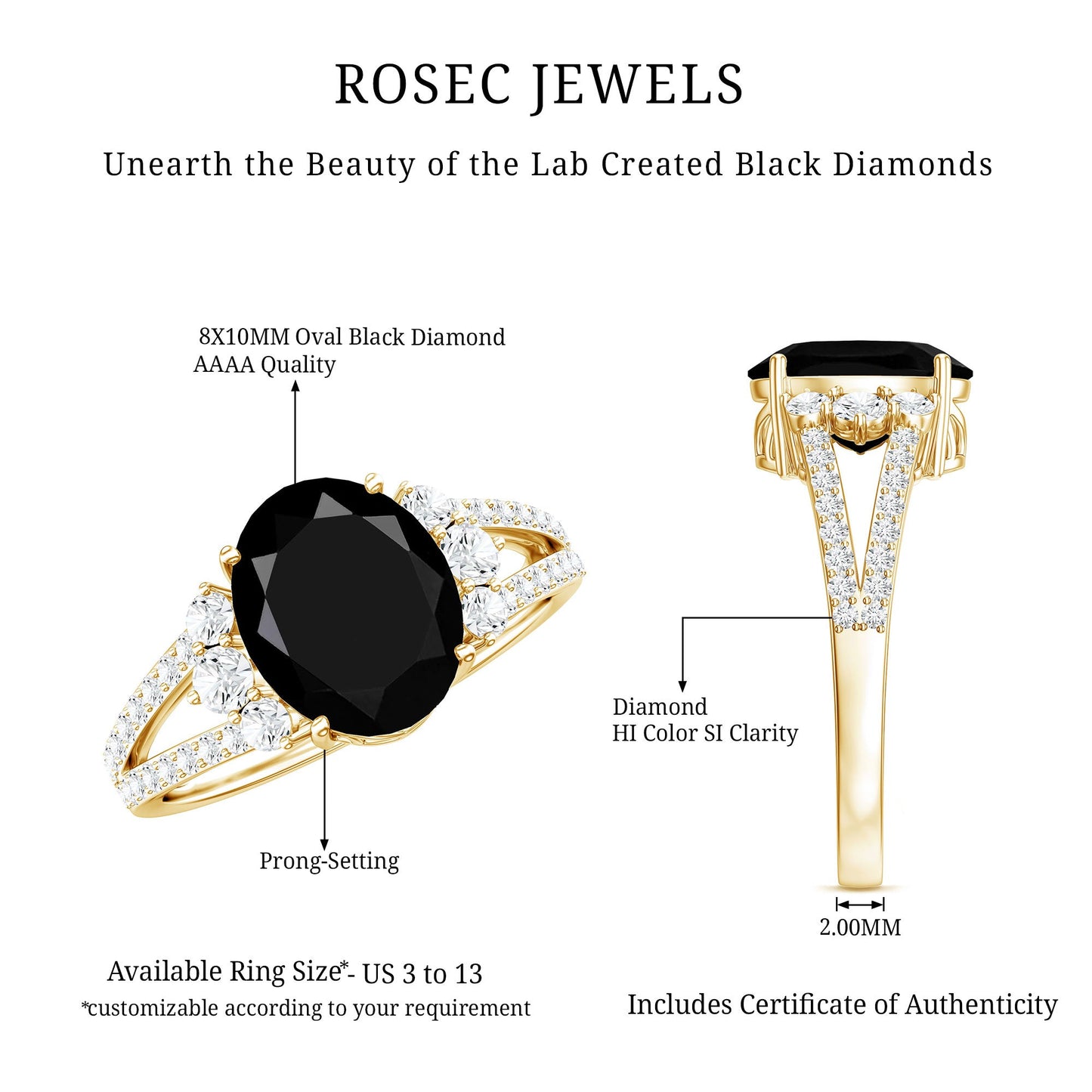 4.2 Carat Lab Grown Black Diamond Oval Engagement Ring with White Diamond Split Shank