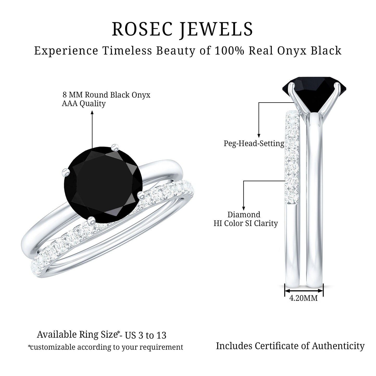 Natural 2 Carat Black Onyx Solitaire Engagement Rings with Diamond Enhancer