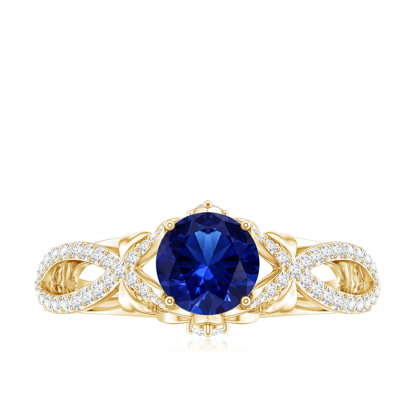 1 Carat Lab Grown Blue Sapphire Engagement Ring with Diamond Crossover Shank
