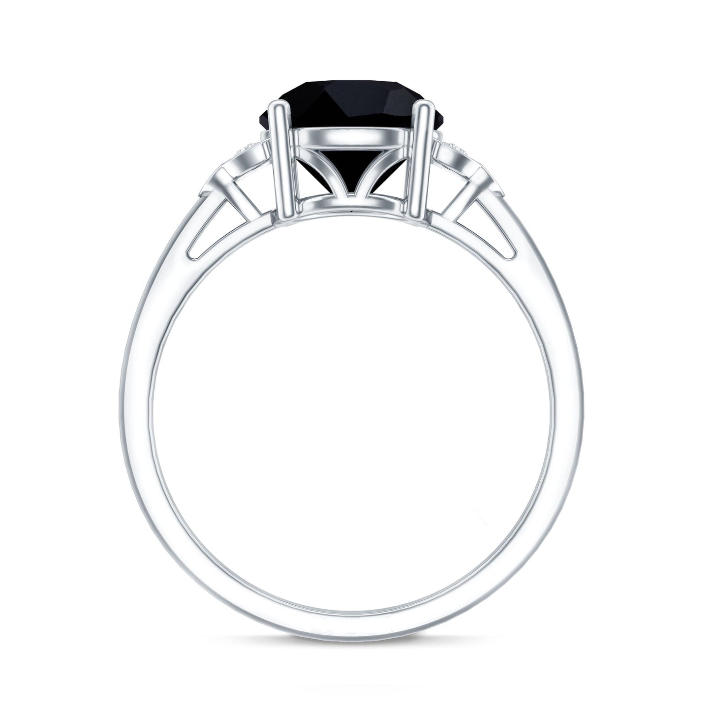 Real Black Onyx Solitaire Engagement Ring with Diamond Trio