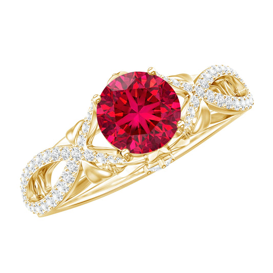 Classic Created Ruby and Diamond Crossover Engagement Ring with Diamond
