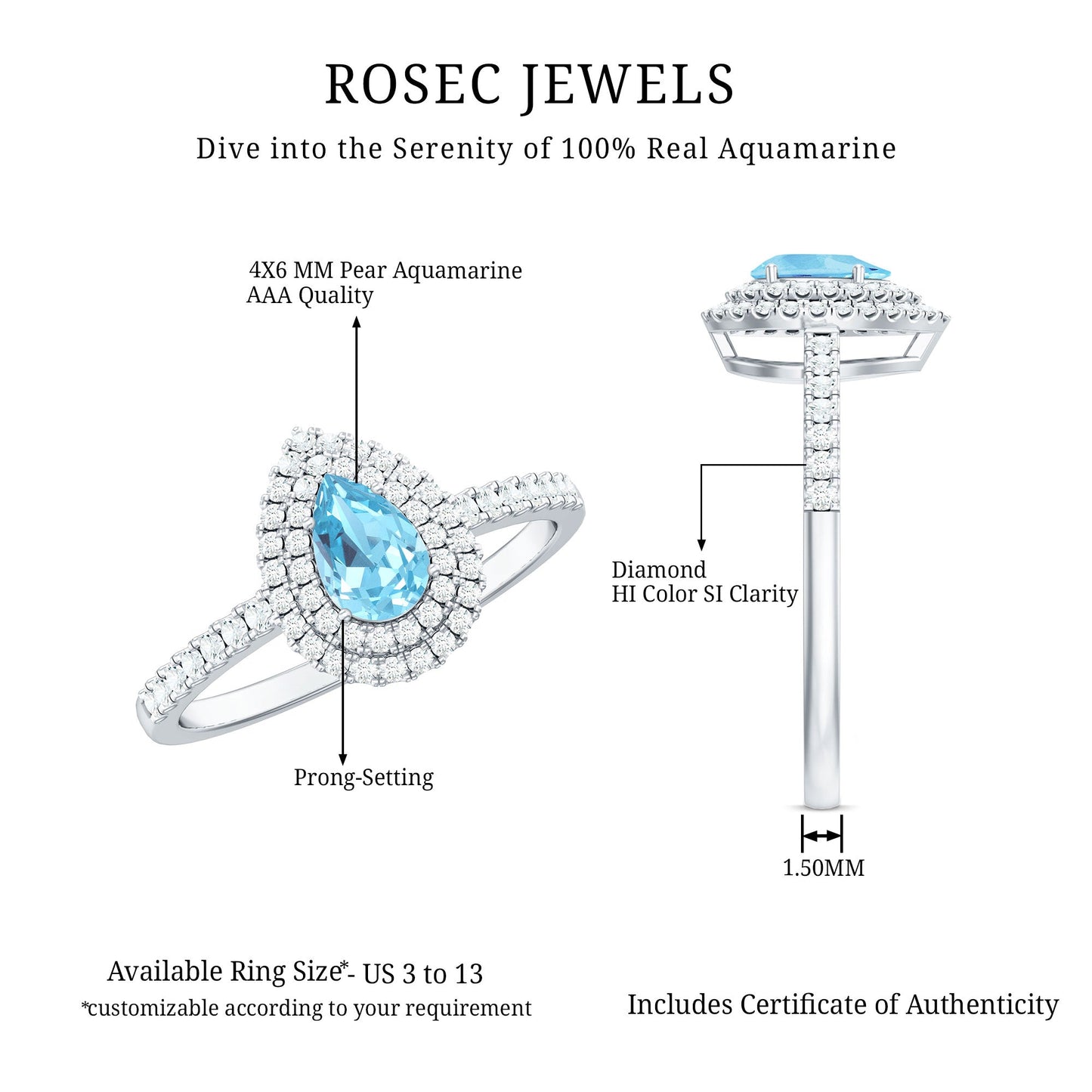 Classic Aquamarine and Diamond Teardrop Engagement Ring with Double Halo