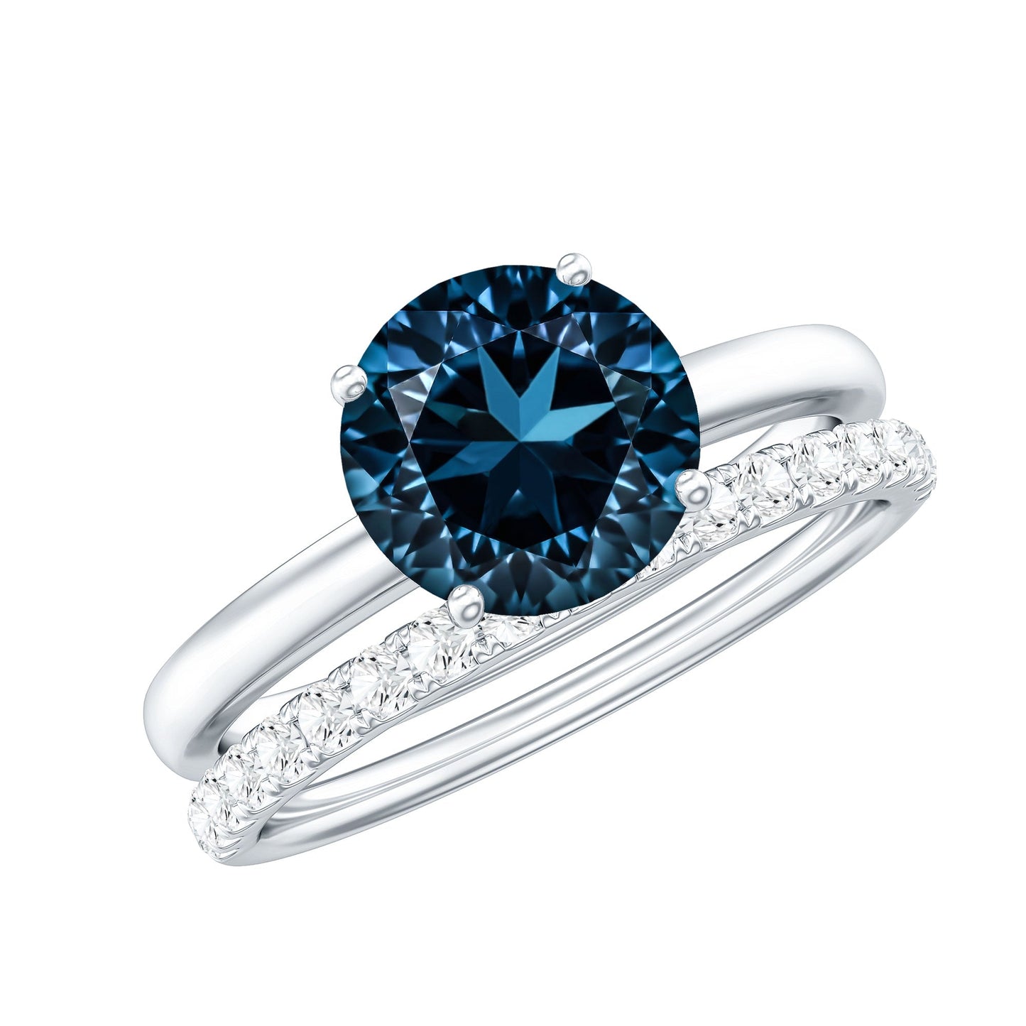 2 Carat Round London Blue Topaz Solitaire Engagement Ring with Diamond Band