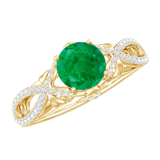 Designer Emerald Crossover Engagement Ring with Diamond