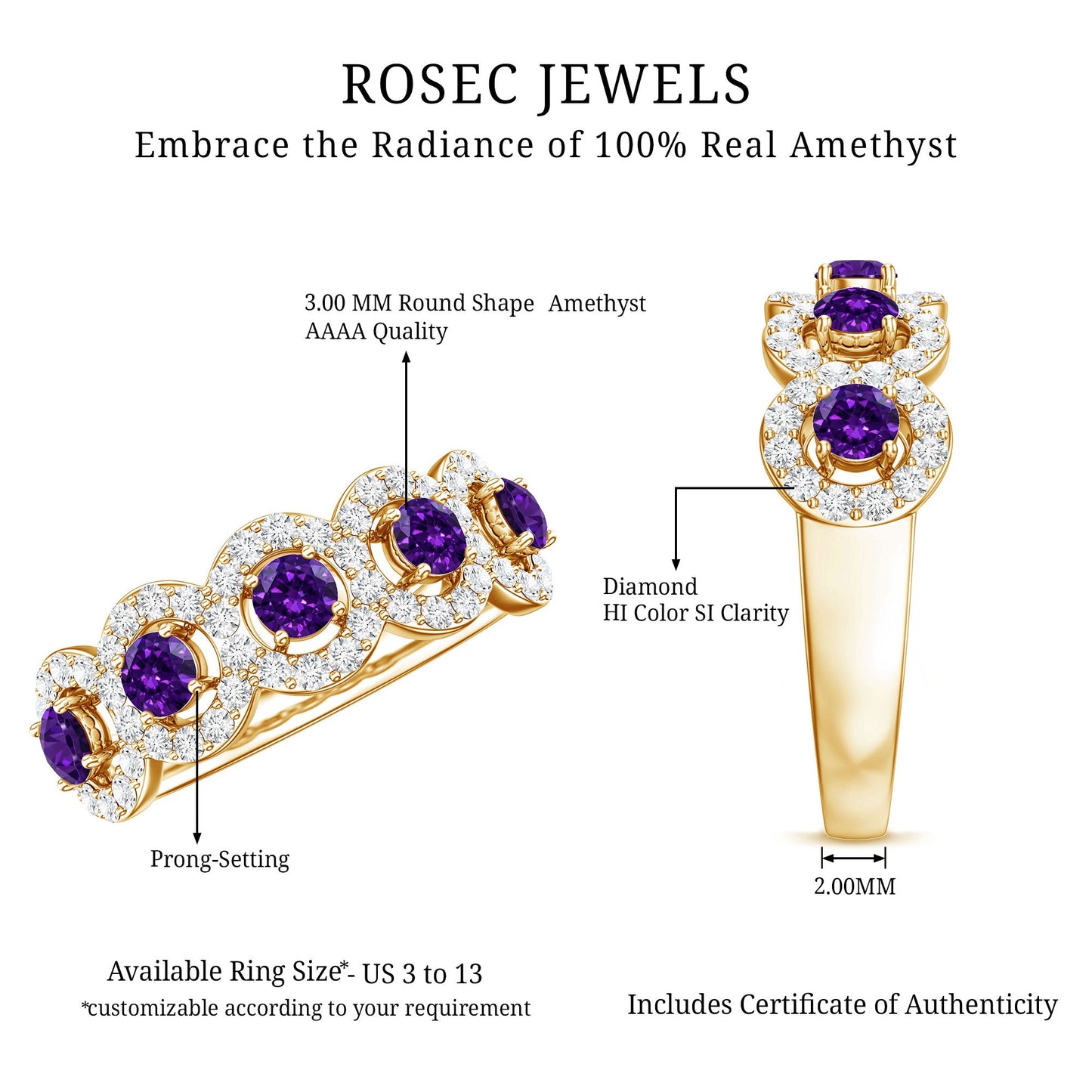 Natural Amethyst Diamond Half Eternity Band Ring for Women