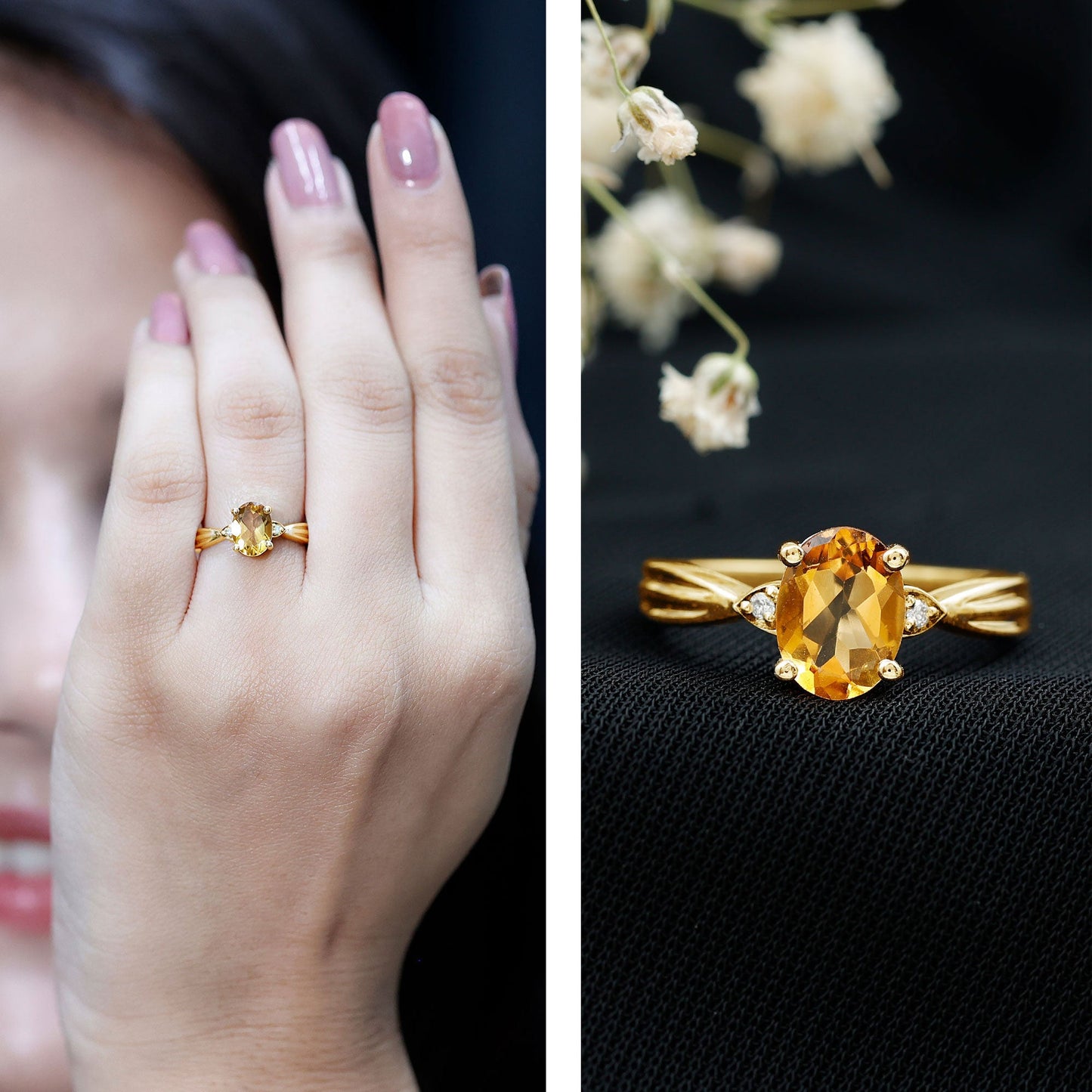1 Carat Oval Cut Citrine Solitaire Engagement Ring with Diamond