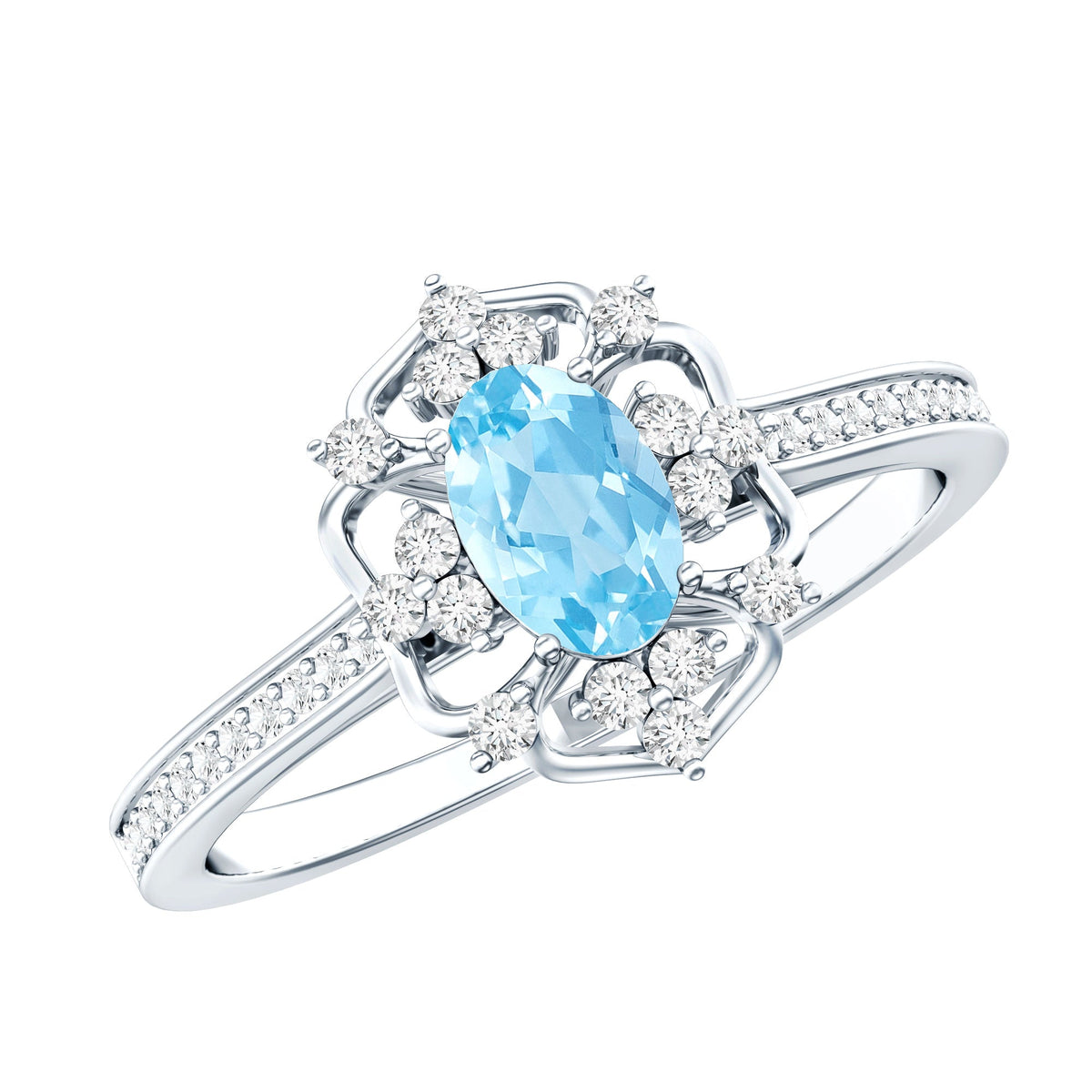 Vintage Style Aquamarine and Diamond Engagement Ring in Gold Plated Silver