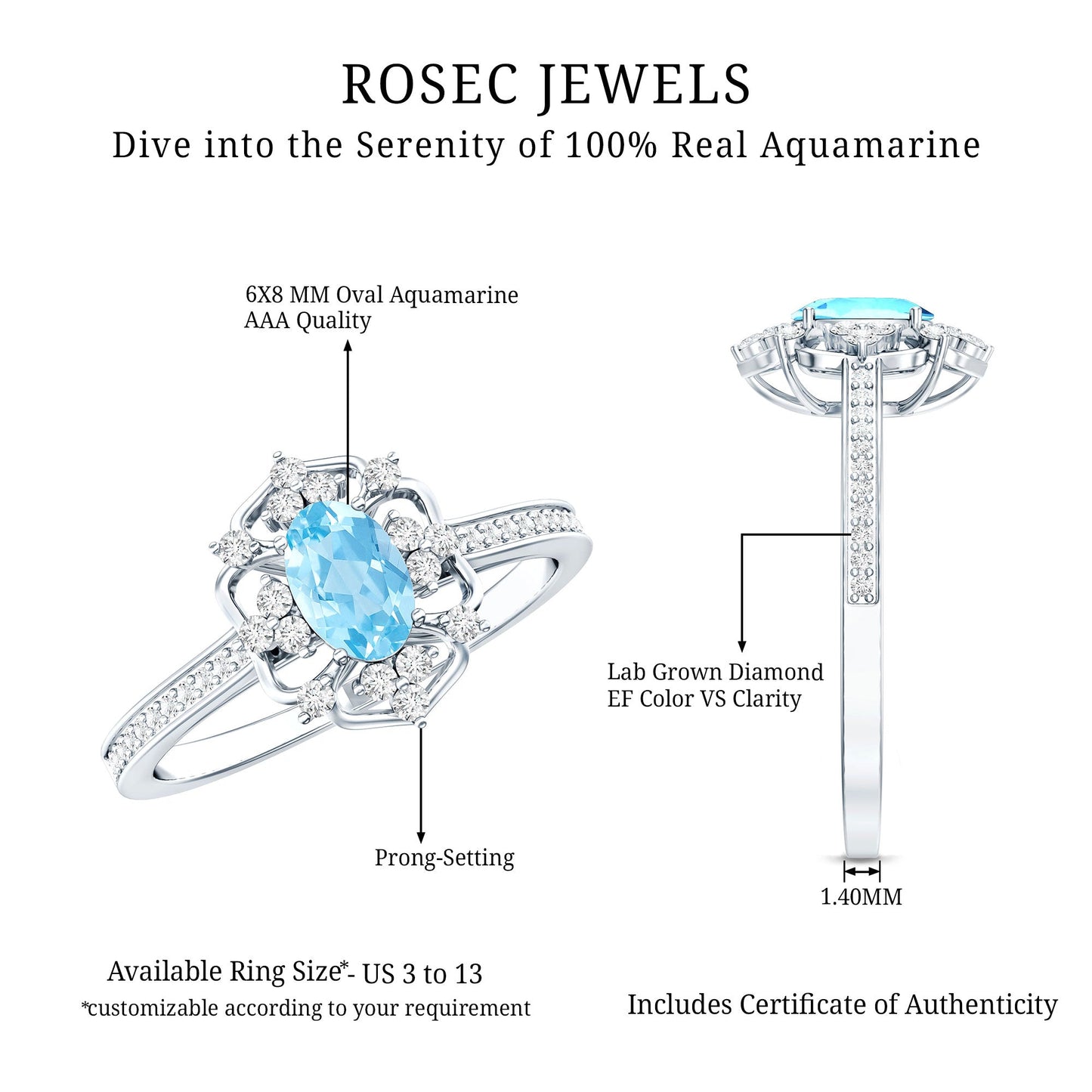 Real Vintage Aquamarine and Diamond Engagement Ring with Certificate