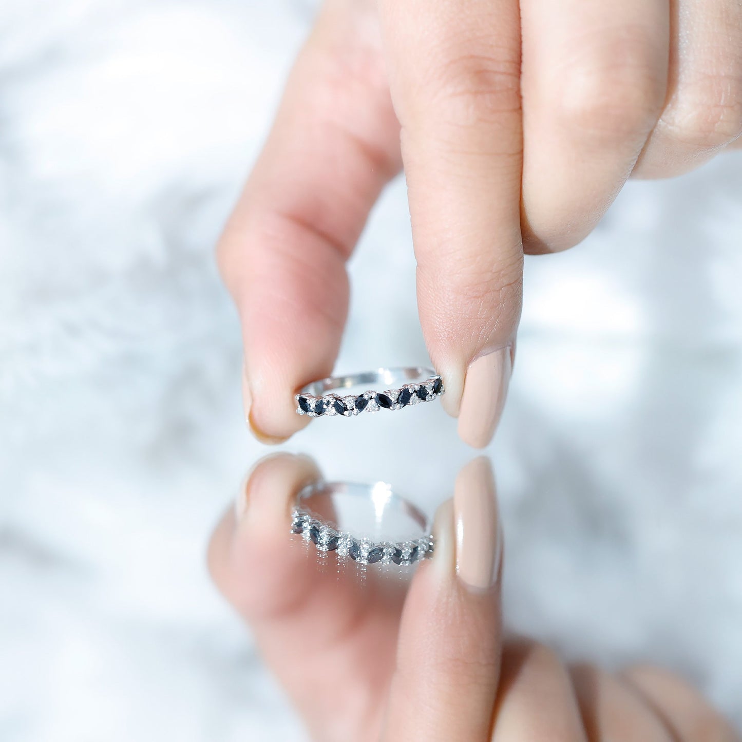 Natural Marquise Black Spinel Diamond Half Eternity Ring